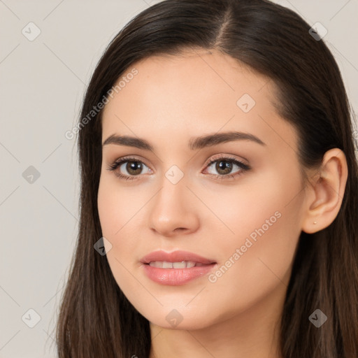 Neutral white young-adult female with long  brown hair and brown eyes