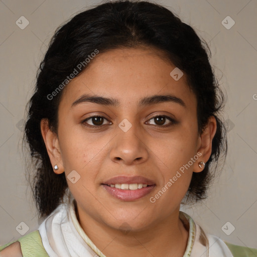 Joyful latino young-adult female with medium  brown hair and brown eyes