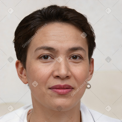 Joyful white adult female with short  brown hair and brown eyes