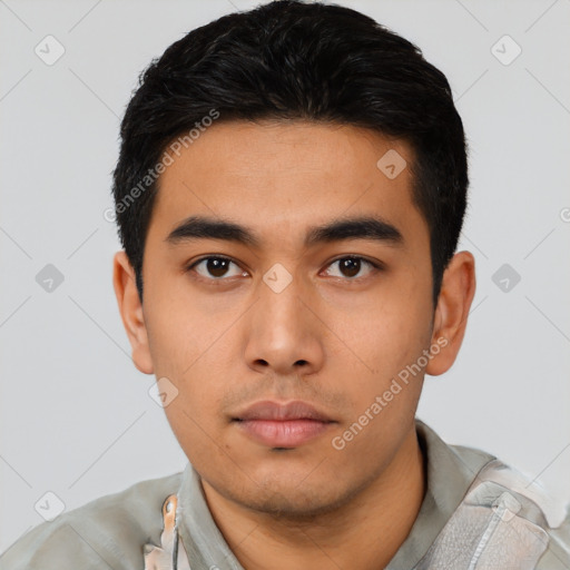 Neutral asian young-adult male with short  black hair and brown eyes