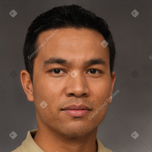 Neutral asian young-adult male with short  black hair and brown eyes