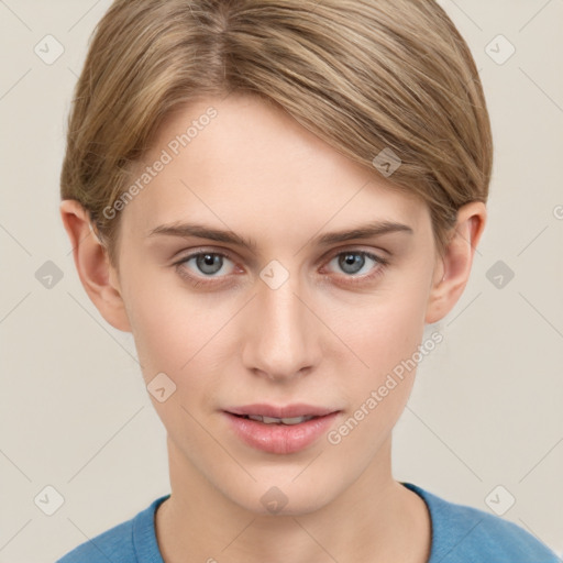 Joyful white young-adult female with short  brown hair and grey eyes