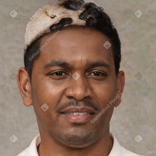 Joyful black young-adult male with short  brown hair and brown eyes