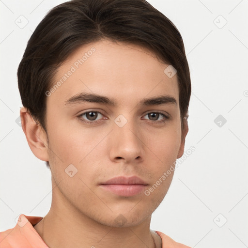 Neutral white young-adult male with short  brown hair and brown eyes