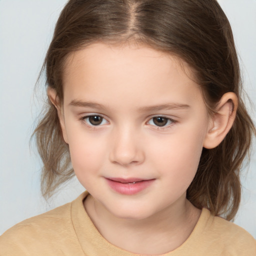 Joyful white child female with medium  brown hair and brown eyes