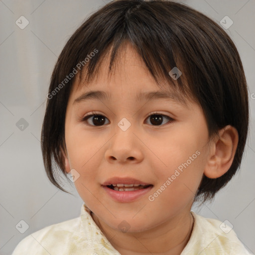 Joyful white child female with medium  brown hair and brown eyes