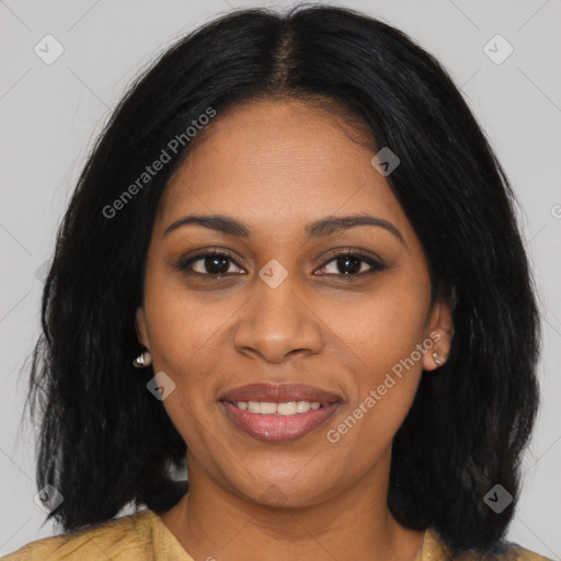 Joyful black young-adult female with medium  black hair and brown eyes