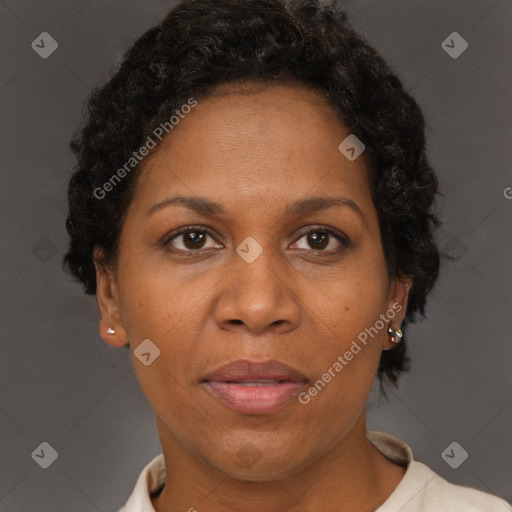 Joyful black adult female with short  brown hair and brown eyes