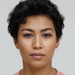 Neutral asian young-adult female with short  brown hair and brown eyes