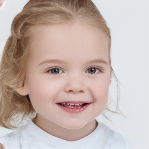 Joyful white child female with medium  brown hair and blue eyes