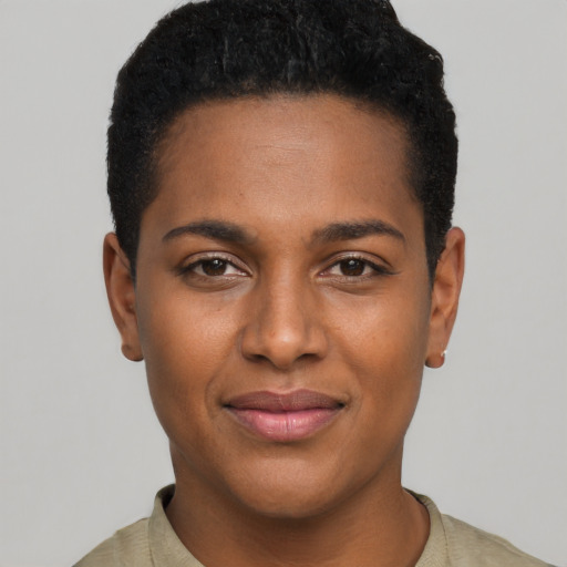 Joyful black young-adult female with short  black hair and brown eyes