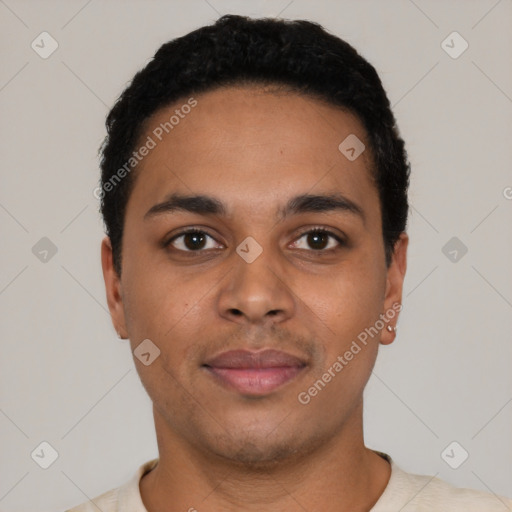 Neutral latino young-adult male with short  black hair and brown eyes