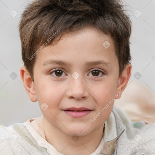 Joyful white child male with short  brown hair and brown eyes