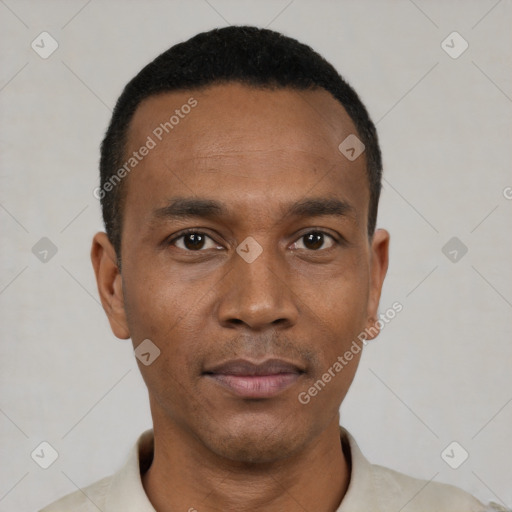 Neutral black young-adult male with short  black hair and brown eyes