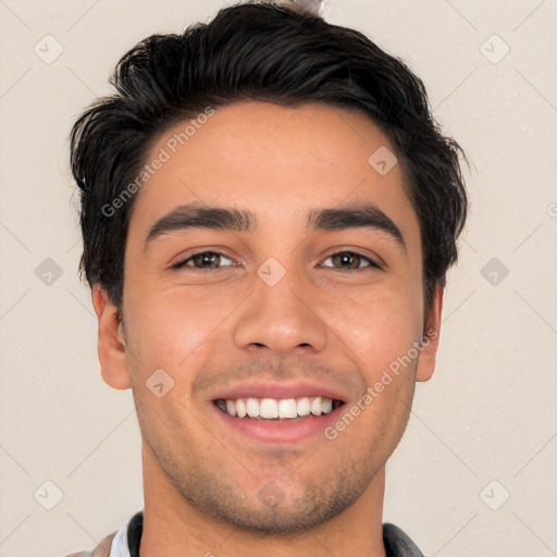 Joyful white young-adult male with short  black hair and brown eyes