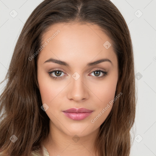 Neutral white young-adult female with long  brown hair and brown eyes