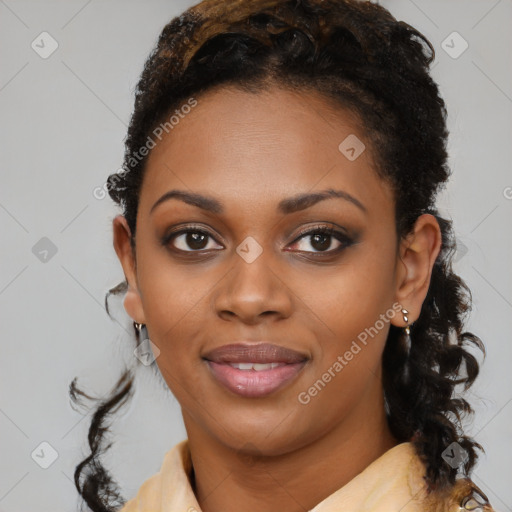 Joyful black young-adult female with medium  black hair and brown eyes