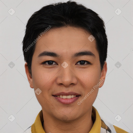 Joyful asian young-adult male with short  black hair and brown eyes