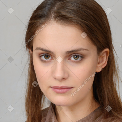 Neutral white young-adult female with long  brown hair and brown eyes