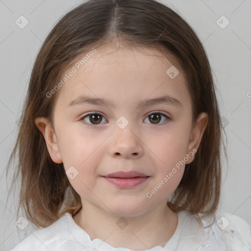 Joyful white child female with medium  brown hair and brown eyes