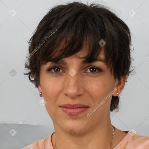 Joyful white adult female with medium  brown hair and brown eyes