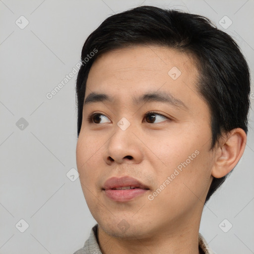 Neutral asian young-adult male with short  black hair and brown eyes