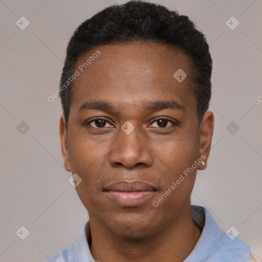 Neutral black young-adult male with short  black hair and brown eyes