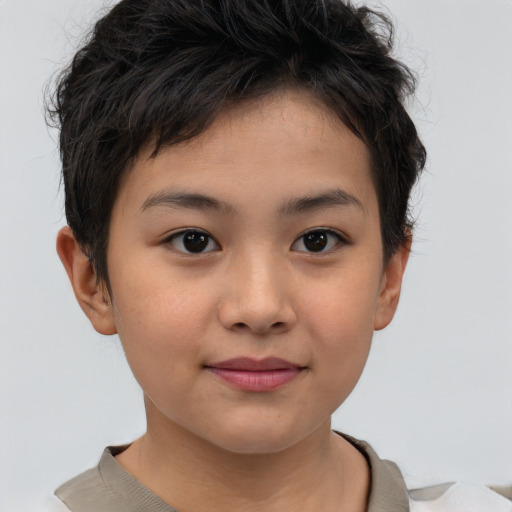 Joyful asian child female with short  brown hair and brown eyes