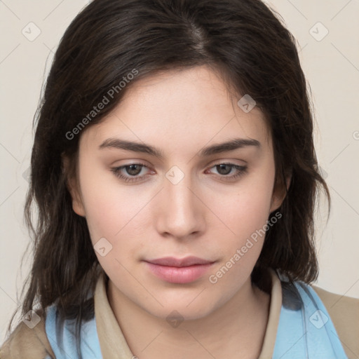 Neutral white young-adult female with medium  brown hair and brown eyes