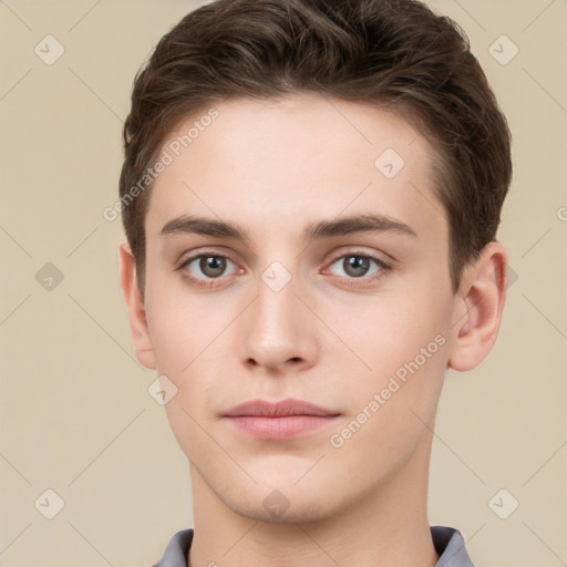 Neutral white young-adult male with short  brown hair and brown eyes