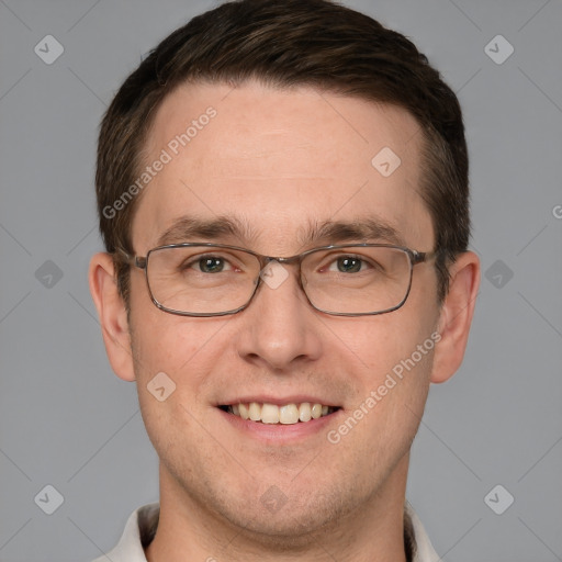 Joyful white adult male with short  brown hair and grey eyes