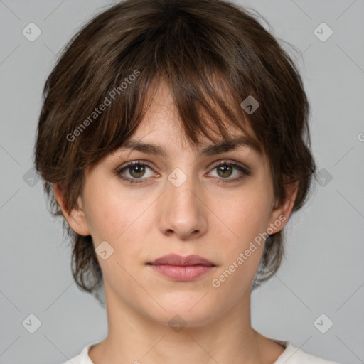 Neutral white young-adult female with medium  brown hair and brown eyes