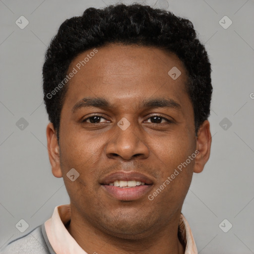 Joyful latino young-adult male with short  brown hair and brown eyes