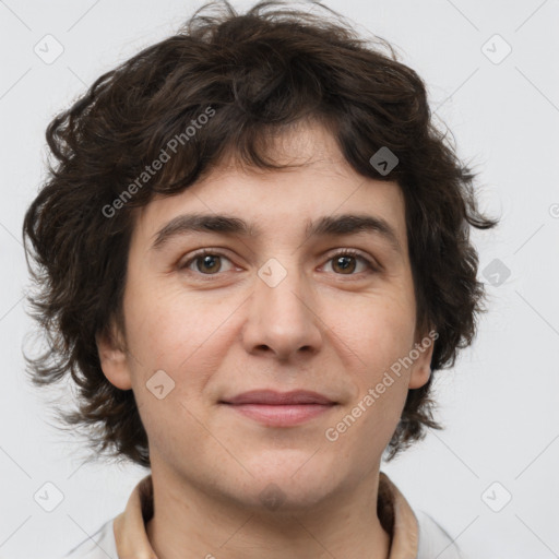 Joyful white young-adult male with medium  brown hair and brown eyes