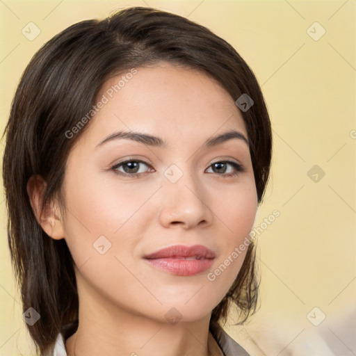 Neutral white young-adult female with medium  brown hair and brown eyes