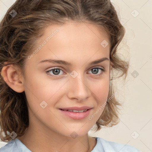 Joyful white child female with medium  brown hair and brown eyes