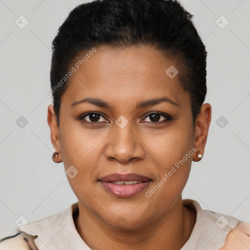 Joyful black young-adult female with short  brown hair and brown eyes