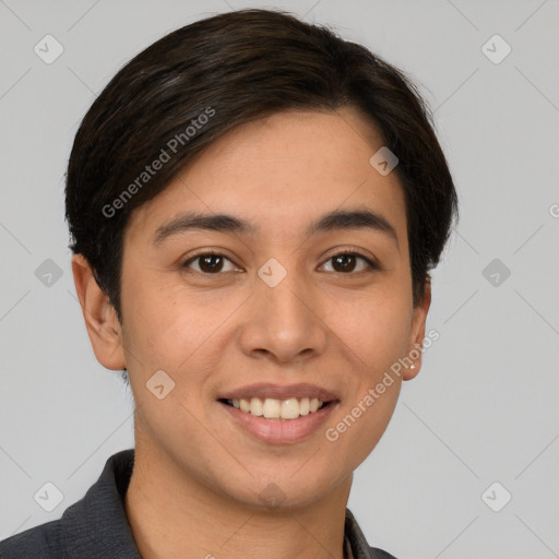 Joyful white young-adult female with short  brown hair and brown eyes