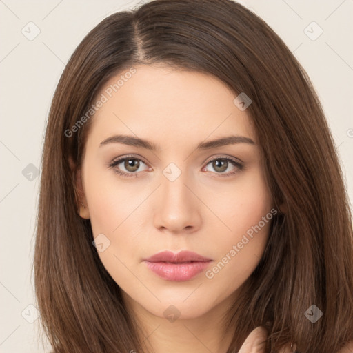 Neutral white young-adult female with long  brown hair and brown eyes