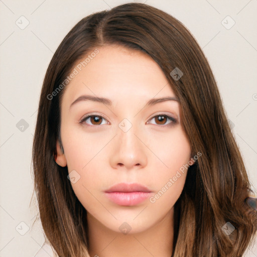 Neutral white young-adult female with long  brown hair and brown eyes