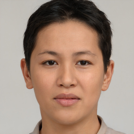 Neutral asian young-adult female with short  brown hair and brown eyes
