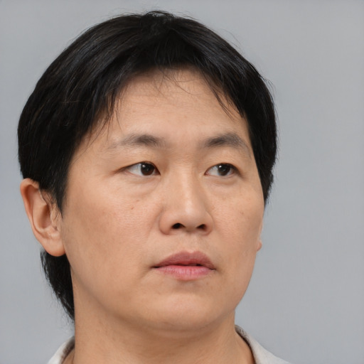 Neutral asian adult male with short  brown hair and brown eyes