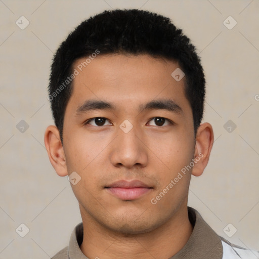 Neutral asian young-adult male with short  black hair and brown eyes