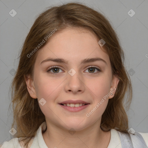 Joyful white child female with medium  brown hair and brown eyes