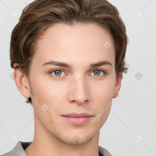 Neutral white young-adult male with short  brown hair and grey eyes