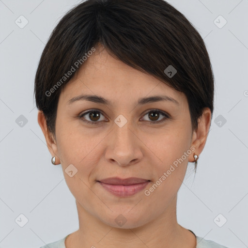 Joyful white young-adult female with short  brown hair and brown eyes