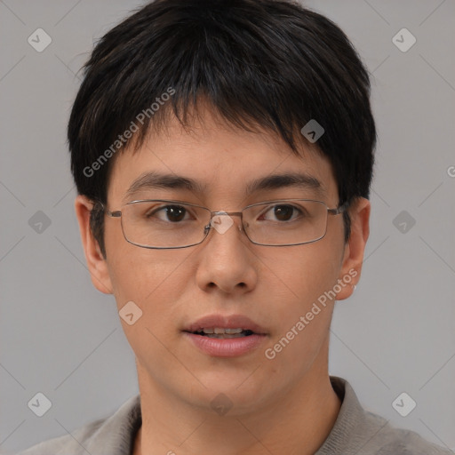 Neutral asian young-adult male with short  brown hair and brown eyes