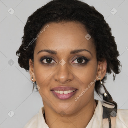 Joyful black young-adult female with medium  brown hair and brown eyes