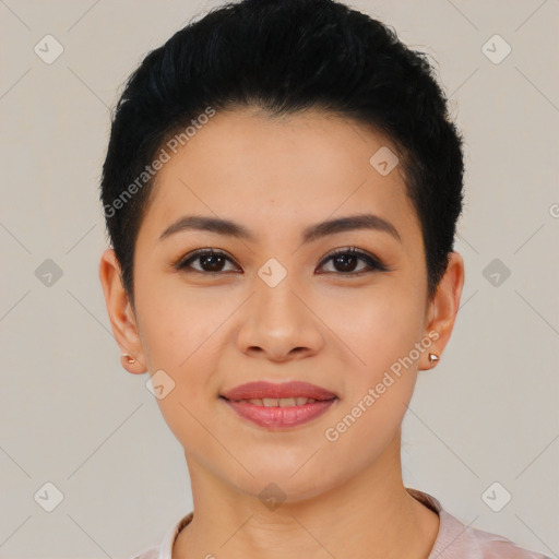 Joyful latino young-adult female with short  black hair and brown eyes