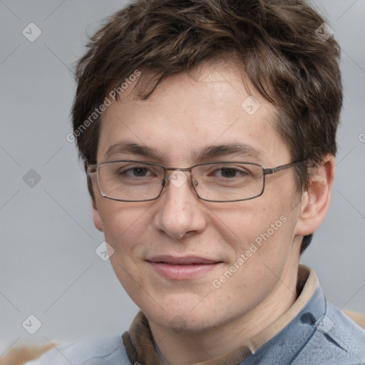 Joyful white adult male with short  brown hair and grey eyes